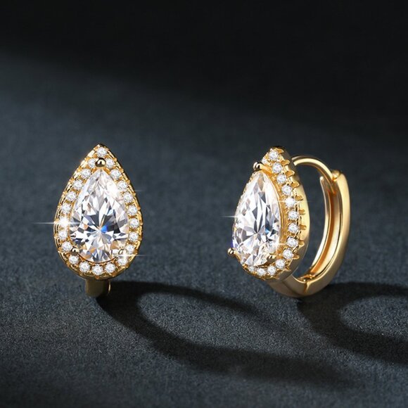 💎NEW Certified 1ct. t.w.Dazzling Golden Teardrop Moissanite Huggies - Picture 1 of 6